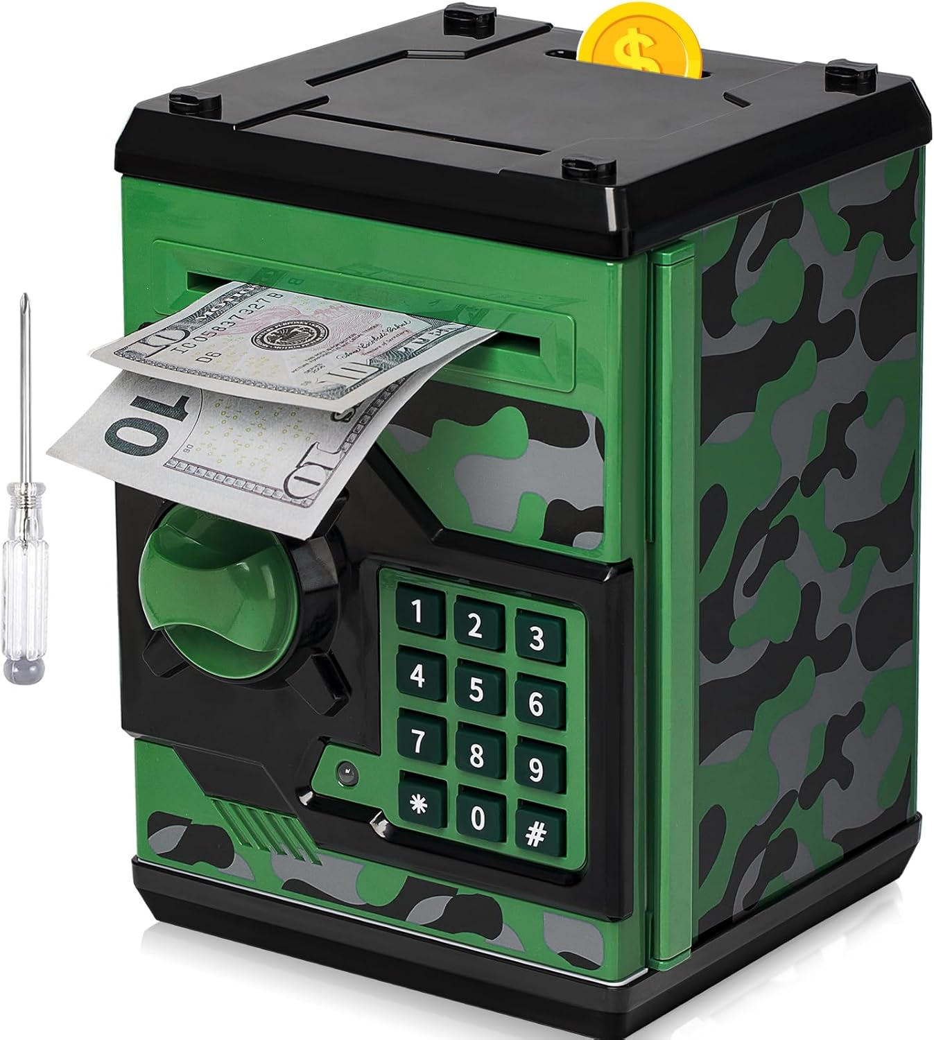 Camouflage ATM Music Automatic Roll Money Coin Bank Smart ATM Password Lock Safe Box